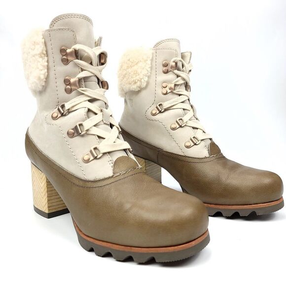 NEW Sorel Jayne Lux Waterproof Leather Sherpa Fur Chunky Block Heeled Booties 9 - Picture 2 of 9